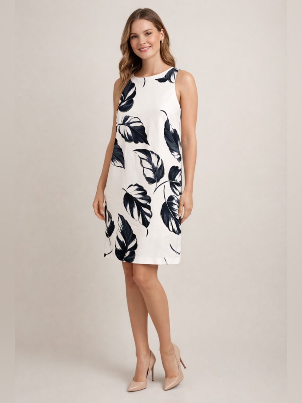 Ann Taylor Cream Mini Dress with Black Navy Leaf Motif